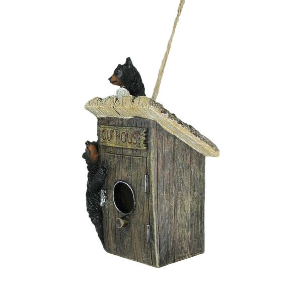 Black Bear Cubs On Outhouse Polyresin Hanging Birdhouse Outdoor Lodge Decor - Picture 2 of 5